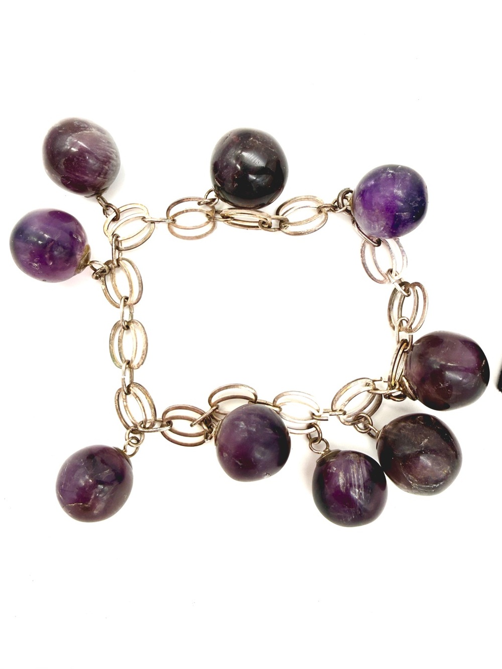 Vintage 1960s/70s Amethyst Beaded Silver-Tone Charm Bracelet